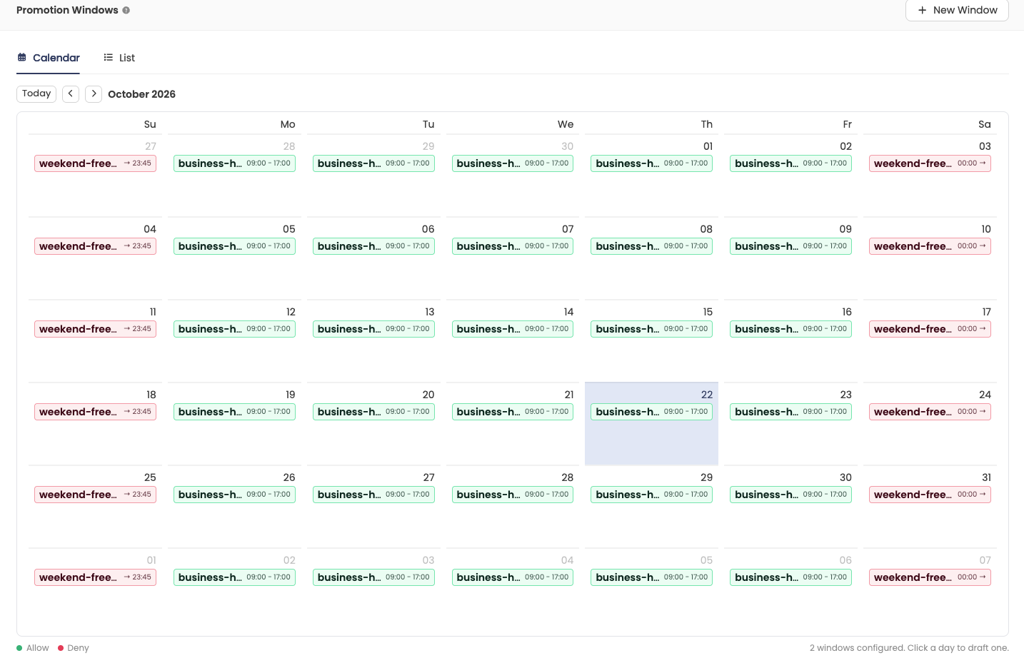 Promotion windows calendar view