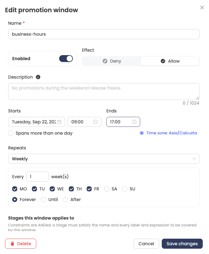 Promotion window configuration